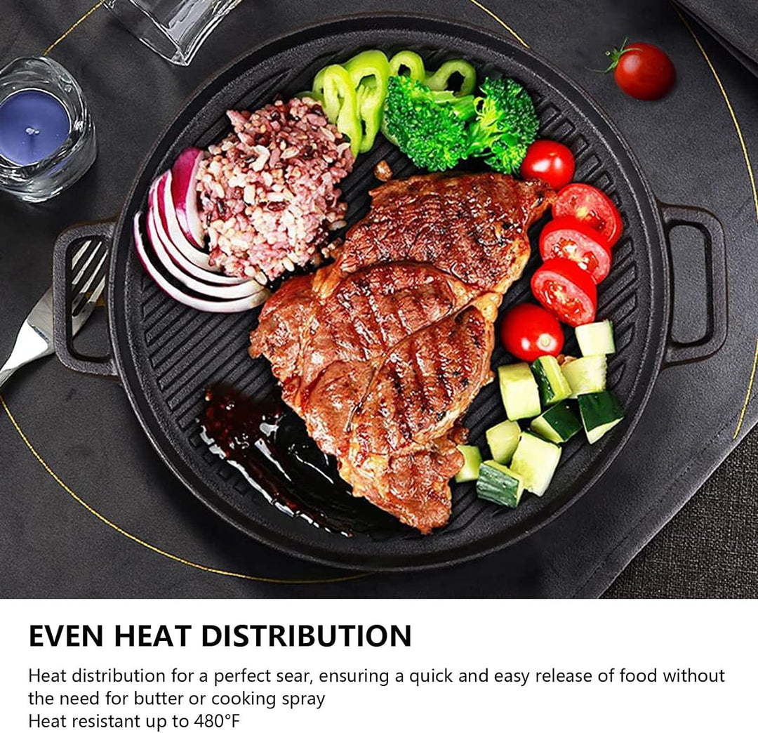 Gusseisen-Grillplatte, runde Gusseisen-Bratpfanne, wendbar, Doppelgriff, gerippte Bratpfanne, Outdoo