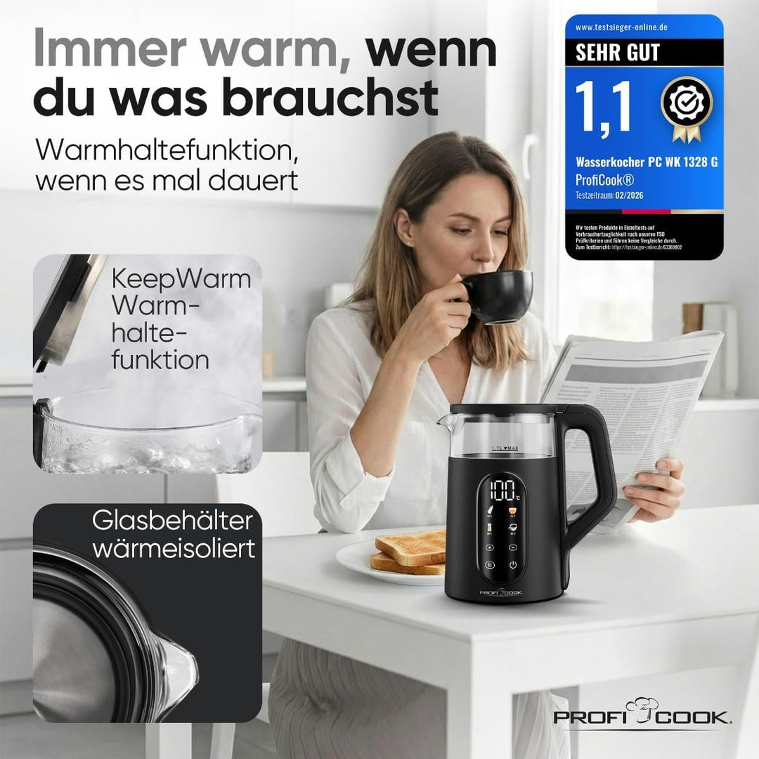 ProfiCook® Wasserkocher mit Temperatureinstellung | 40-100°C | 1,7L | Schnellstartfunktion | 2200W |