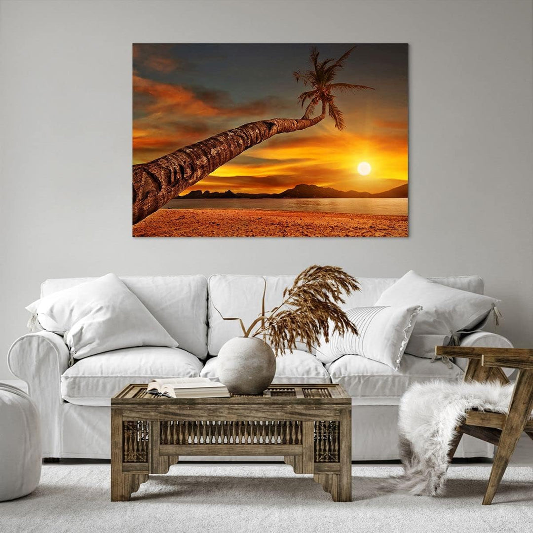 ARTTOR Bilder auf Leinwand 100x70cm Leinwandbild Palme Landschaft Sonne Gross Wanddeko Bild Schlafzi