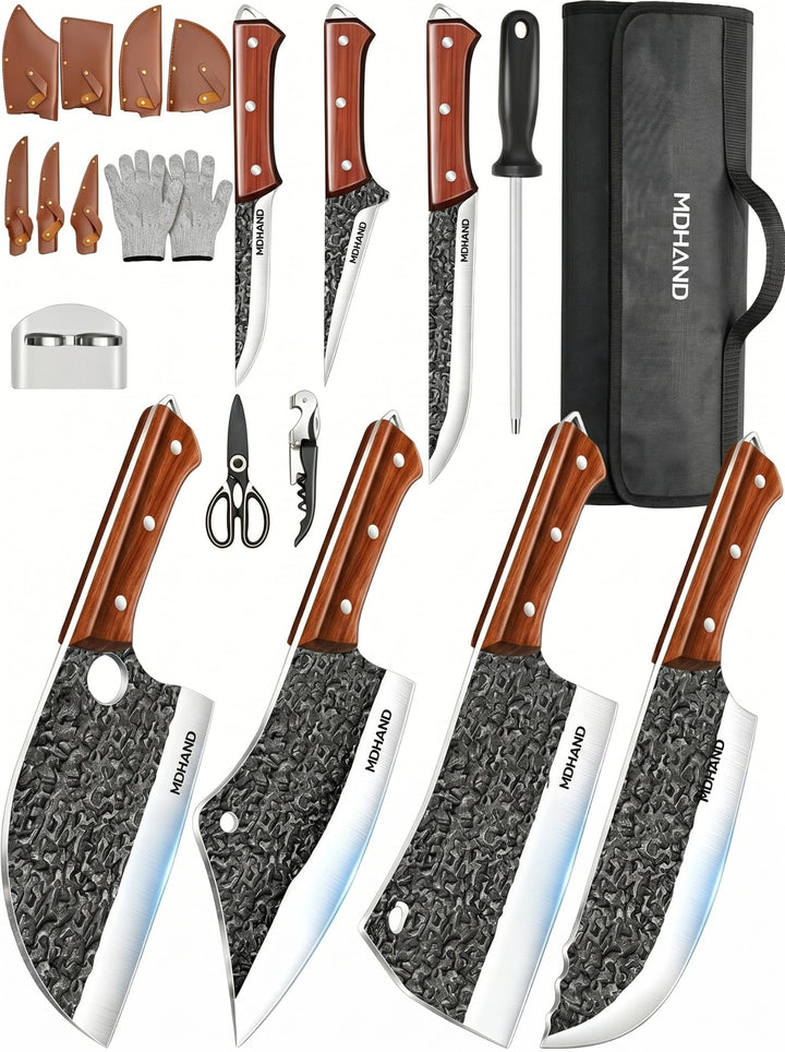 MDHAND Küchenmesserset - Umfangreiches Handgeschmiedetes Messerset, Metzgermesser Set mit Rolltasche