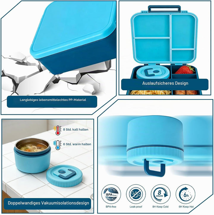 Lunch Box Set mit 320ml Thermobehälter für Essen, Auslaufsicher Brotdose mit 4 Fächern, Auslaufsiche