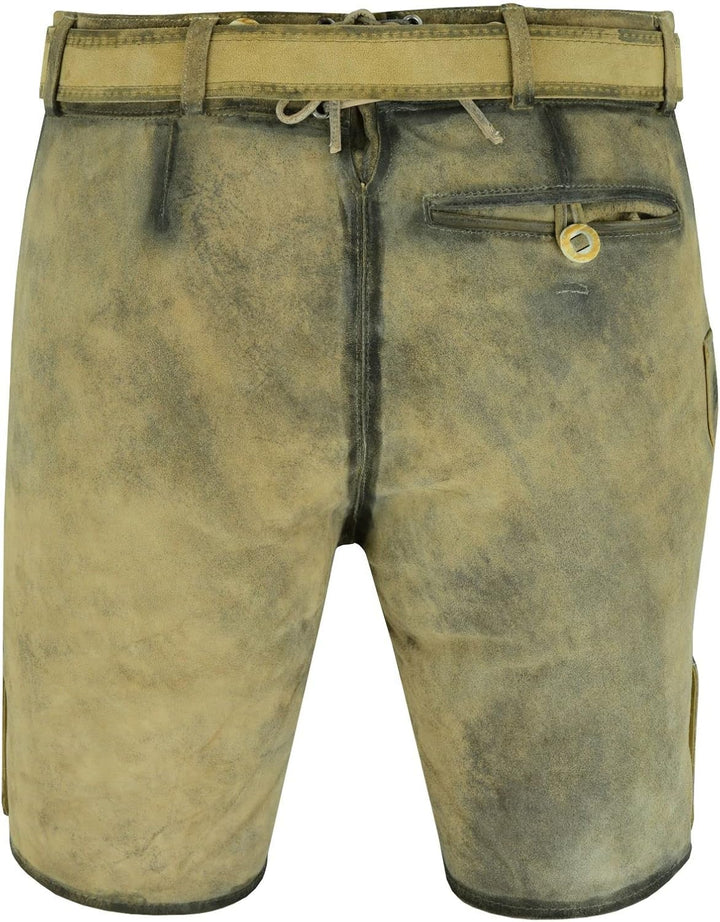 SiXsigma Sports Kurze Herren Trachten Lederhose mit Gürtel, Olive Meliert, Wildbockleder, Antik Okto