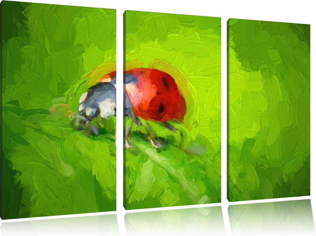 Pixxprint Kleiner Marienkäfer auf Blatt / 3-Teilig/Gesamtmass 120cm Leinwandbild bespannt auf Holzra