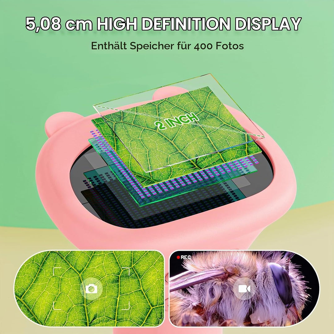Mikroskop für Kinder, Ashfly 1000X Taschenmikroskop mit 2,0" IPS-Bildschirm USB Microscope Lupe, 8 L