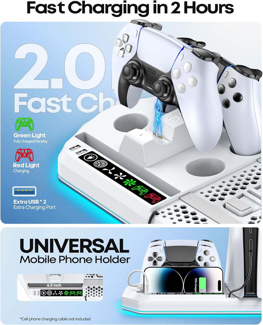 PS5 Standfuss mit 3 Stufen Lüfter und PS5 Controller Ladestation für PS5/PS5 Slim Konsole, PS5 Ständ