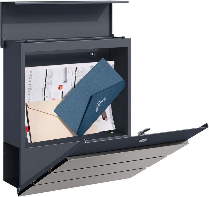 Briefkasten V64 Anthrazit und Edelstahl 410 x 130 x 370 mm, Wandbriefkasten mit Schloss, Soft Close