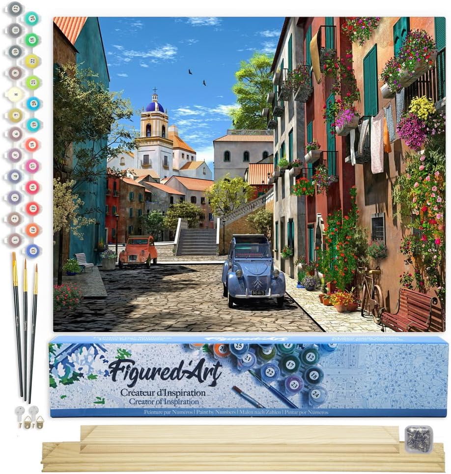 Figured'Art Malen Nach Zahlen Erwachsene Mit Rahmen Gasse mit 2CV - Paint by Numbers Basteln DIY Bas