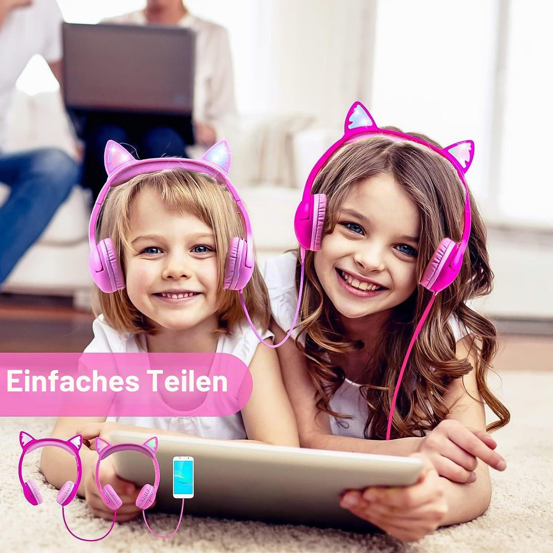 Olyre Katze Ohren Kopfhörer mit LED-Leuchten kabelgebundene Kinder-Kopfhörer–Pink