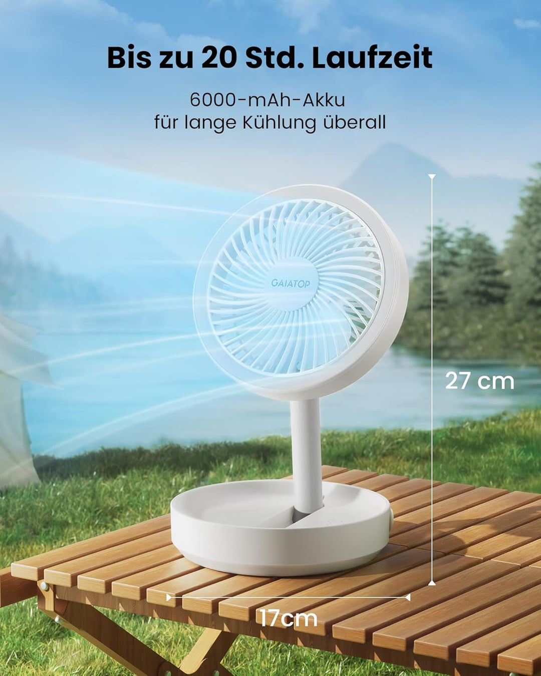 Gaiatop Faltbare Tischventilator Tragbarer Ventilator, 6000mAh Akku Ventilator mit Nachtlicht, 17CM