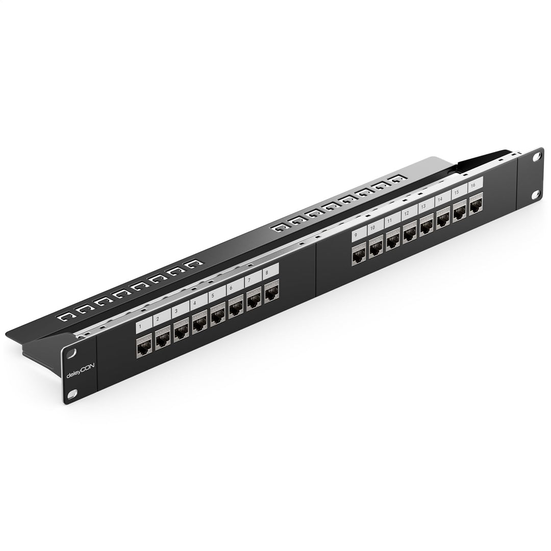 deleyCON 16 Port Patchpanel Set Patchfeld Modular 1 HE 19" Zoll Rackeinbau + 16x RJ45 Keystone Modul