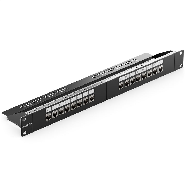 deleyCON 16 Port Patchpanel Set Patchfeld Modular 1 HE 19" Zoll Rackeinbau + 16x RJ45 Keystone Modul