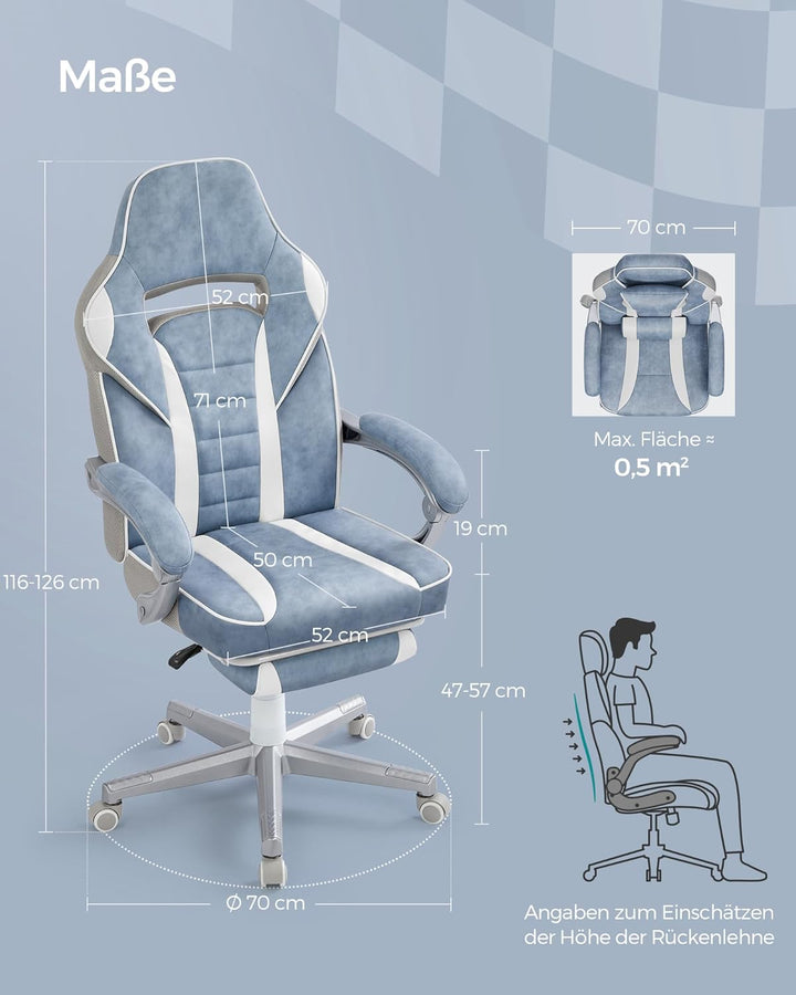 SONGMICS Bürostuhl, Gaming-Stuhl, verstellbar, Teleskop-Fussstütze, Wippmechanismus, Kopfstütze, Len
