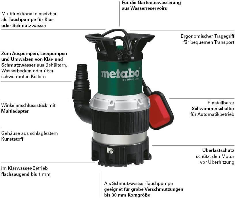 Metabo Kombi-Tauchpumpe TPS 14000 S Combi – 0251400000 – Nennaufnahmeleistung: 770 W – Max. Förderme