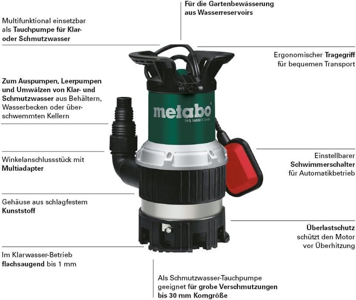 Metabo Kombi-Tauchpumpe TPS 14000 S Combi – 0251400000 – Nennaufnahmeleistung: 770 W – Max. Förderme