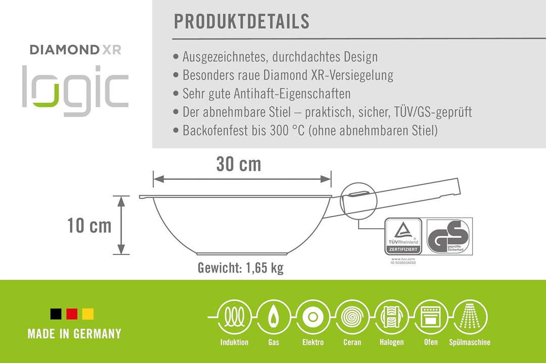 Woll Diamond Logic XR Pro Wok- und Rührpfanne mit Edelstahlstiel - Induktiv -, Ø 30 cm, 10 cm hoch,