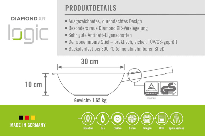 Woll Diamond Logic XR Pro Wok- und Rührpfanne mit Edelstahlstiel - Induktiv -, Ø 30 cm, 10 cm hoch,