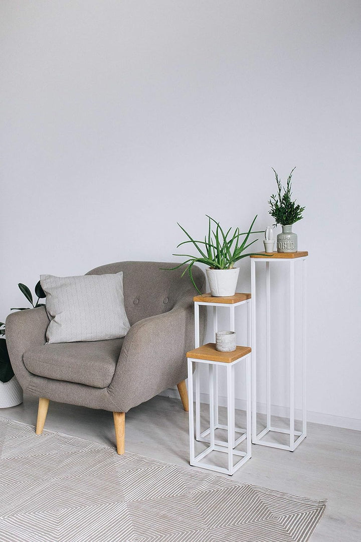EINE BestLoft Blumensäule Dora aus Eiche - Dekosäule im schlanken Design + Stahlgestell (Gestell Wei