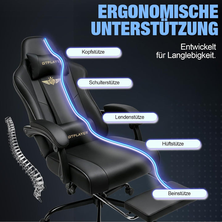 GTPLAYER Gaming Stuhl Chair Gamer Sessel - Ergonomischer Gamer Stuhl mit Fussstütze Kopfstütze und L
