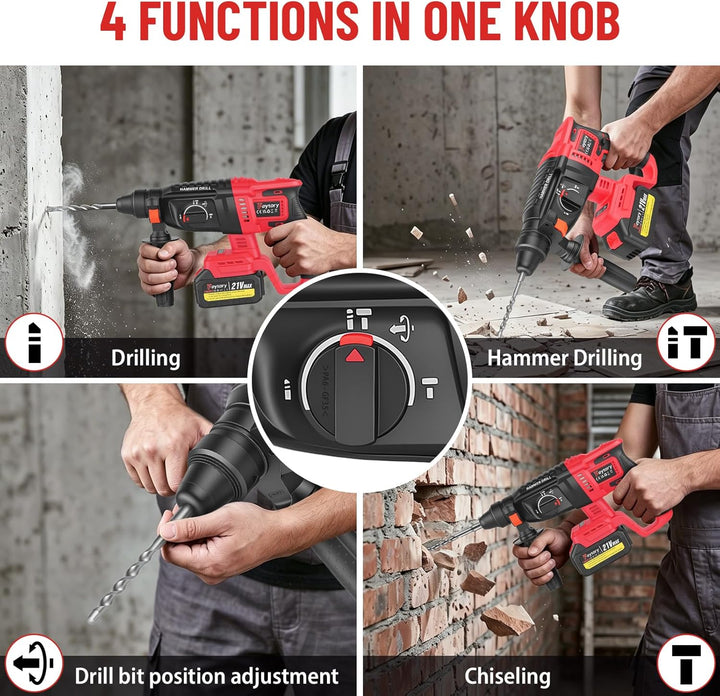 21V Akku Bohrhammer Set mit 2 Batteries & Ladegerät, 0-1000 U/min, 26mm Bohrkapazität, Kabelloser Mu