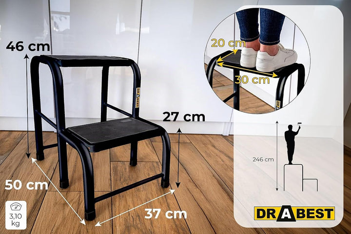 Drabest - Tritthocker - Podest Schwarz - rutschfeste Füsse, Robustes Stahl, Grosse und Bequeme Arbei