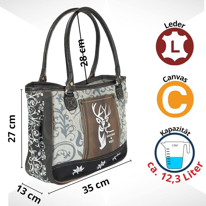 DOMELO Damen Trachtentasche. Dirndltasche aus Canvas & Leder. Trachten Handtasche mit Hirsch & Edelw
