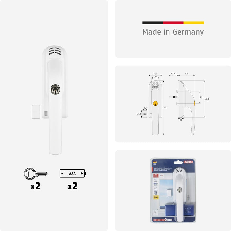 ABUS Abschliessbarer Fenstergriff FG300A - Fensterknauf mit Druckzylinder und Alarmfunktion, verschi