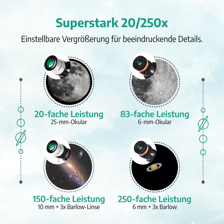 Teleskop Astronomie, Tragbares und Leistungsstarkes 20x-250x, Einfach zu Montieren und zu Verwenden,