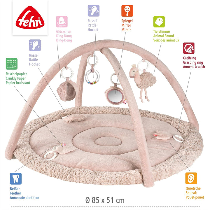 Fehn 3-D-Activity-Decke Flamingo – Spielbogen mit 5 abnehmbaren Spielzeugen für Babys – Spiel & Spas