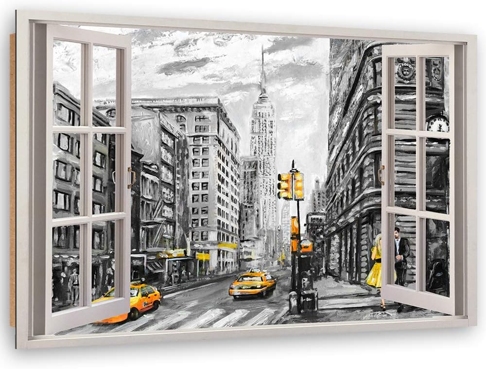 Wanddeko Fenster-Illusion Kunst modern Bilder New York Gelb 90x60 cm Deko Paneel 90x60 cm Gelb_a, De