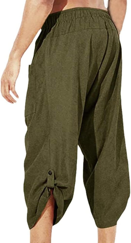 COSDREAMER Herren Mittelalter Hose Wikinger Pirat Kostüm Hose (L, Olivgrün 3/4) L Olive 3/4, L Olive