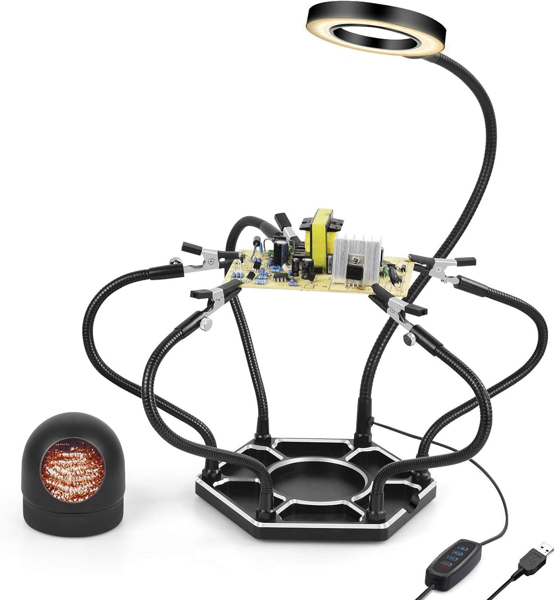 Löten Helfende Hände Werkzeug mit Lupe LED-Licht 6 Arme und Schraubstock Grosse Basis Lötkolben Spit