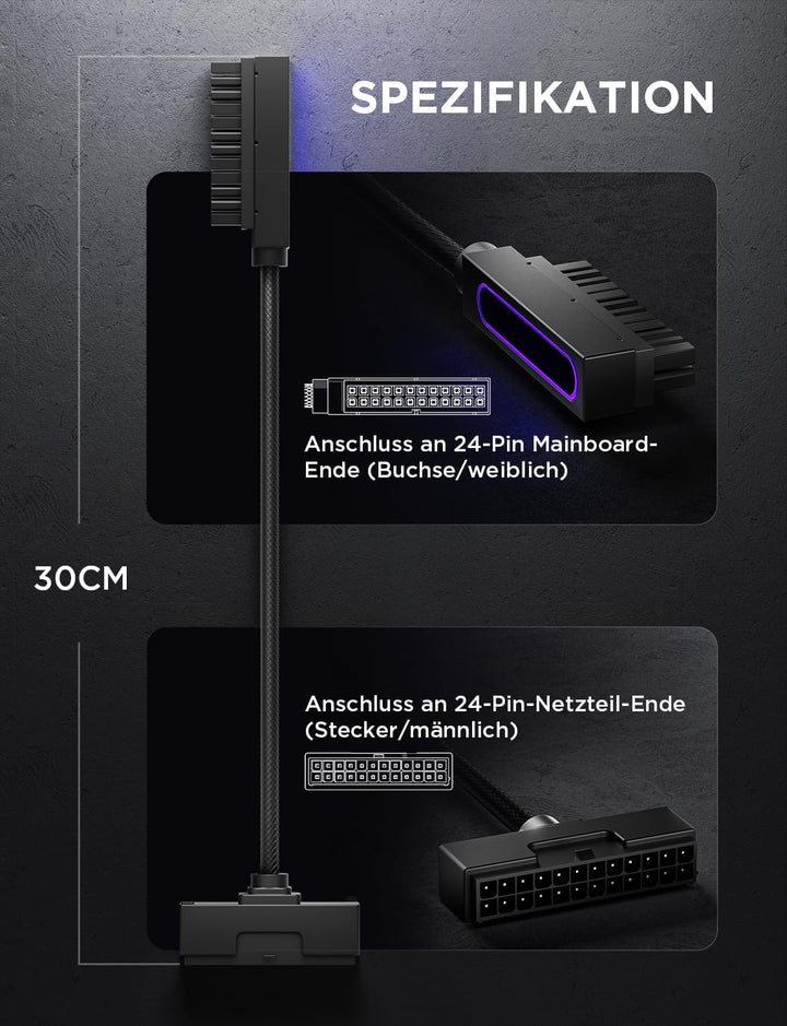 AsiaHorse Hydrus 24Pin PSU Kabelverlängerung L, PC 24 Pin Sleeved Cable für 24 Pin ATX [18AWG] Netzt