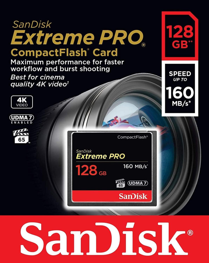 SanDisk Extreme Pro CompactFlash Speicherkarte 128GB (UDMA7, 4K-UHD- und Full-HD-Videos, VPG 65, tem