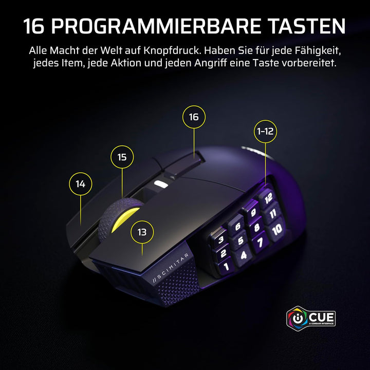 Corsair Scimitar Elite Wireless SE MMO Gaming Maus – 33.000 DPI, 16 Programmierbare Tasten, Einstell