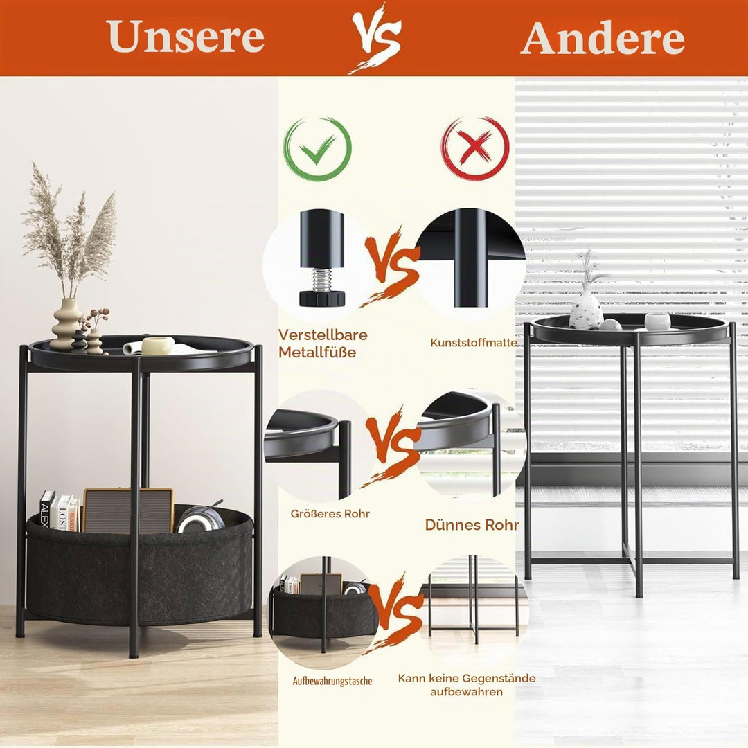 Beistelltisch Rund, Kleiner Tisch, Metall Balkontisch, Sofatisch 2 Ebenen, Couchtisch mit Korb aus S