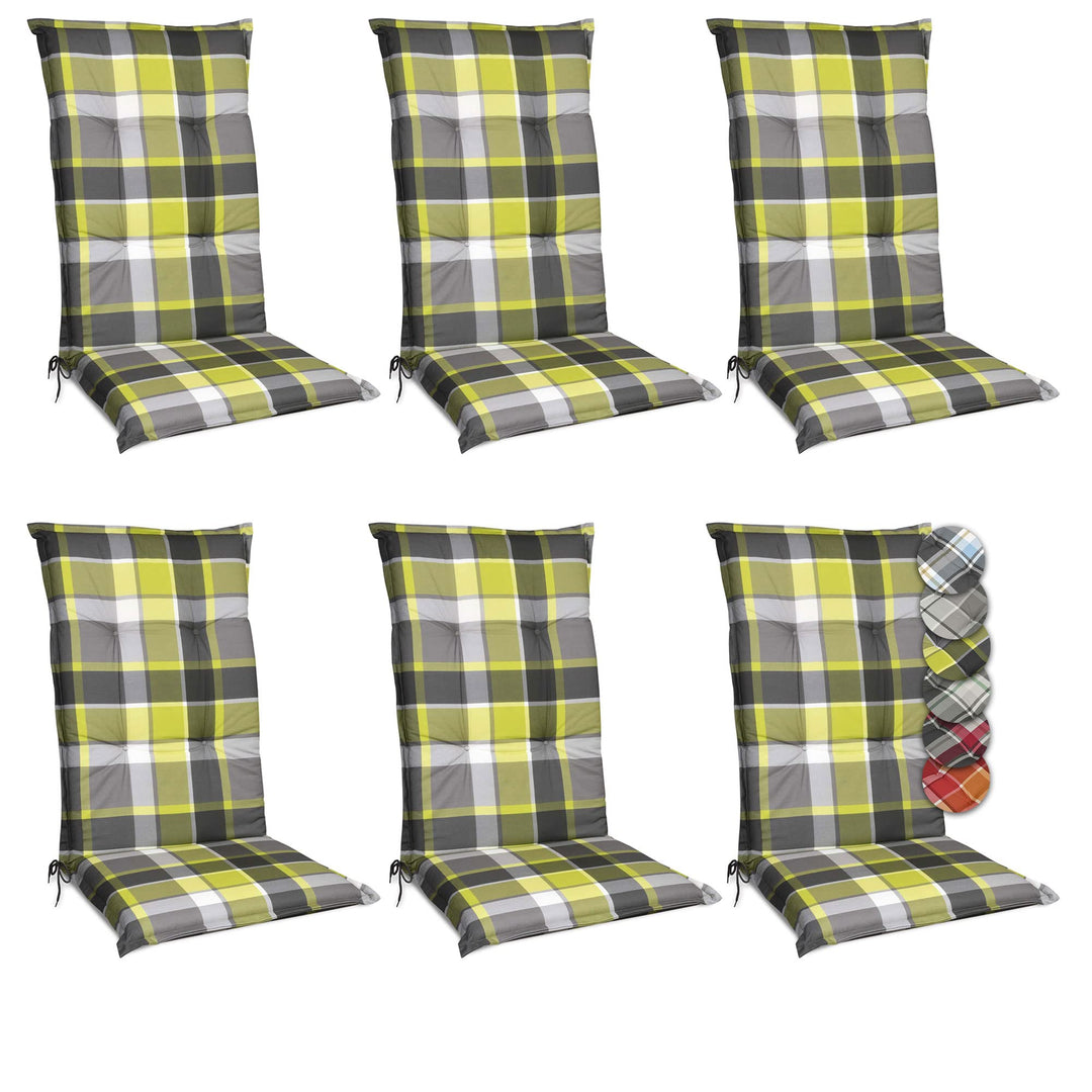 Beautissu 6er Set Hochlehner Auflagen Set Gartenstühle 120x50 cm Polster Grün Kariert – 6cm Dicke Po