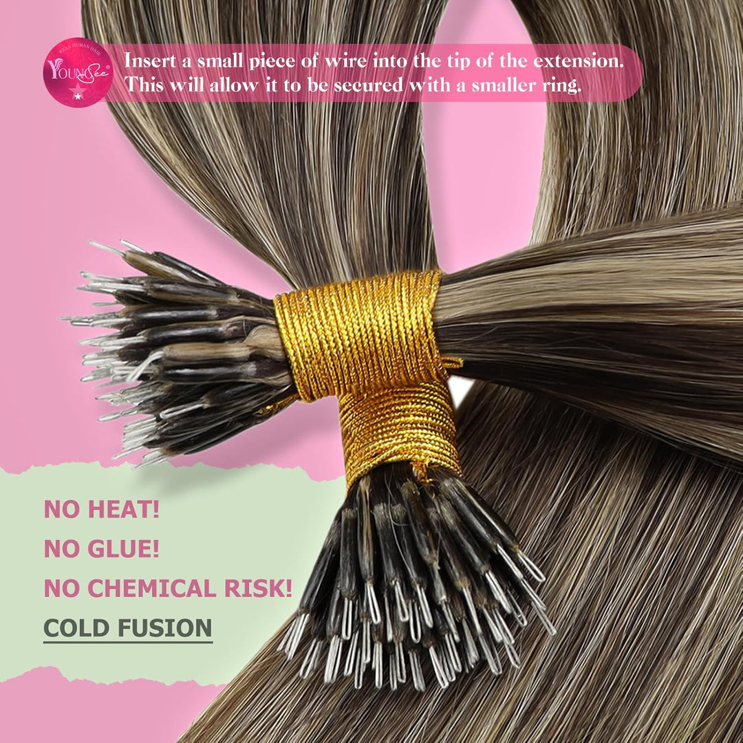 YoungSee Nanoring Extensions Braun Blond Nanoring Extensions Echthaar Lang 60cm Nanoring Hair Extens