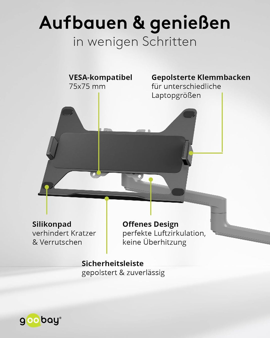 goobay Deluxe Laptophalterung für Monitore von 11,6 bis 17,3 Zoll (29-44 cm), max. 9 kg, zur Montage