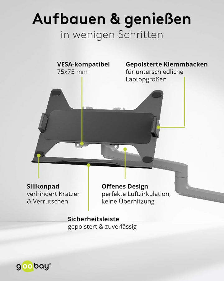 goobay Deluxe Laptophalterung für Monitore von 11,6 bis 17,3 Zoll (29-44 cm), max. 9 kg, zur Montage