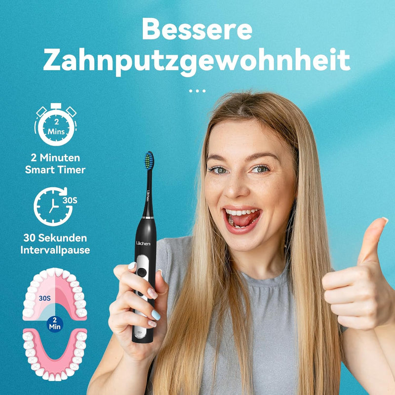 Lächen elektrische Zahnbürste Schallzahnbürste mit 4 Aufsteckbürsten und Timer, 3 Modi & 3 Vibration