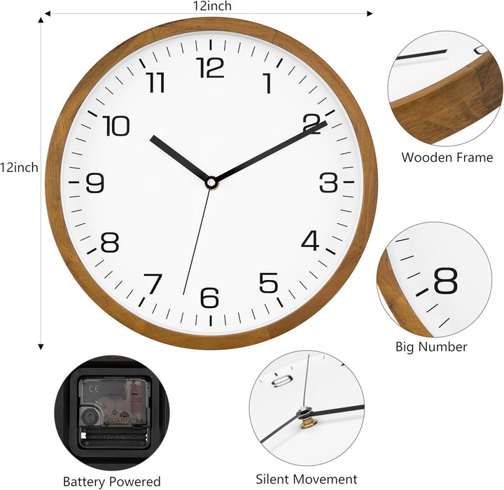 Foxtop Wanduhr Holz Ohne Tickgeräusche 30 cm Grosse Lautlos Wanduhr leicht zu lesen Rund Holzuhr für