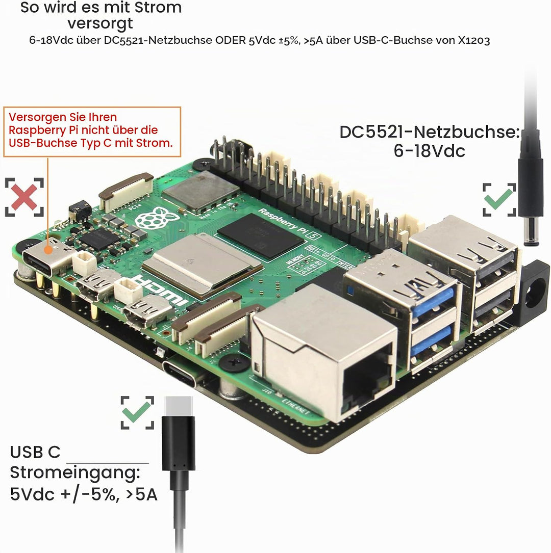 Geekworm X1203 5V UPS Shield for Raspberry Pi 5| Max 5.1V 5A Output|Wide 6-18V Input|Auto Power On|S