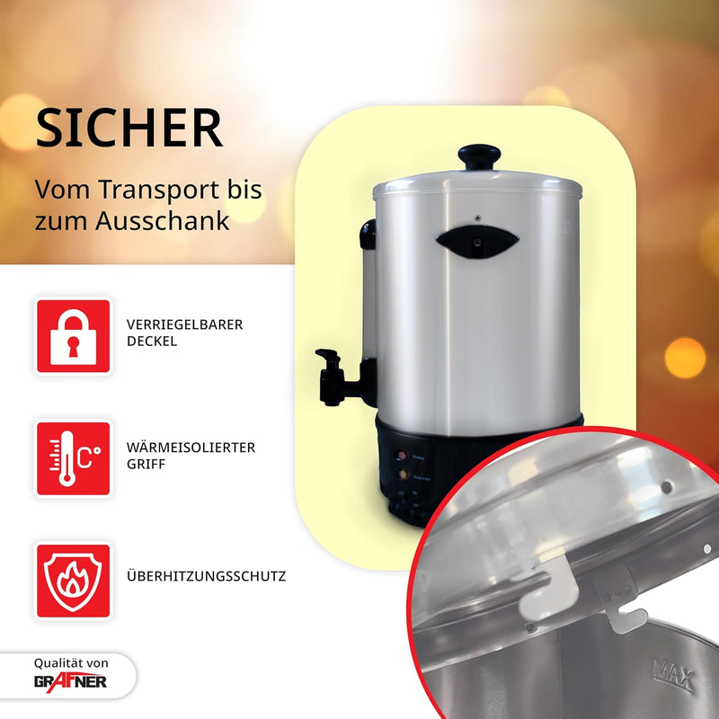 Grafner XL Glühweinkocher aus Edelstahl - 8 Liter - 2000 Watt mit Zapfhahn, Thermostat und Überhitzu