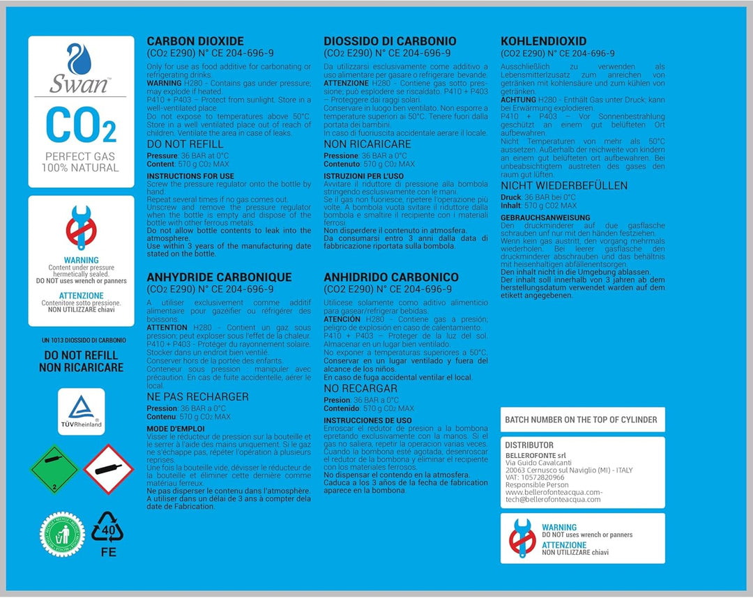 Swan Co2 Einweg Zylinder Flasche 600 gr E290 Kohlesäure Anschluss 11x1 M für Wassersprudler, Kühlagg