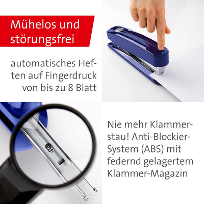 Novus B 7A Komfort Heftgerät (30 Blatt Heftleistung, Automatik-Funktion, inkl. 200 Klammern) blau gl