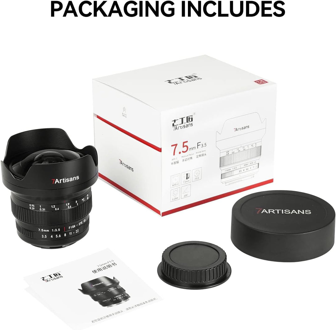 7artisans MF 7,5 mm F3.5 APS-C 205° Ultra-Weitwinkel-Manuelles Fischaugenobjektiv, kompatibel mit Ni