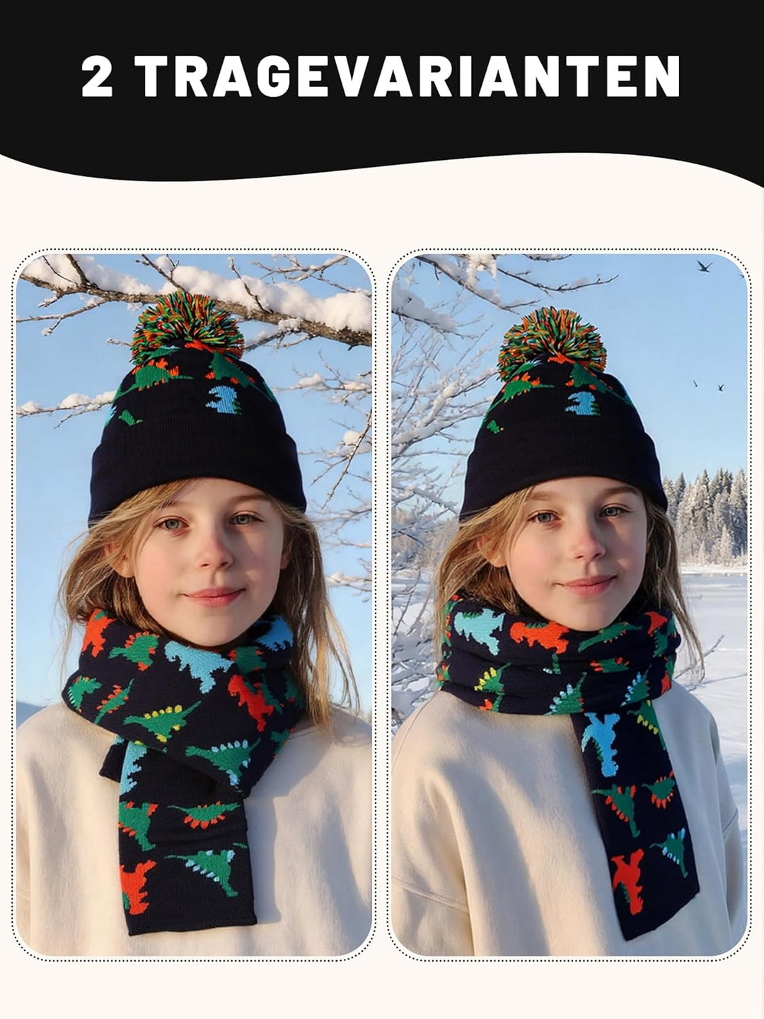 NATUST Mütze Schal Handschuh-Sets für Jungen Dinosaurier Wintermütze mit Bommel Warmer Strickschal H
