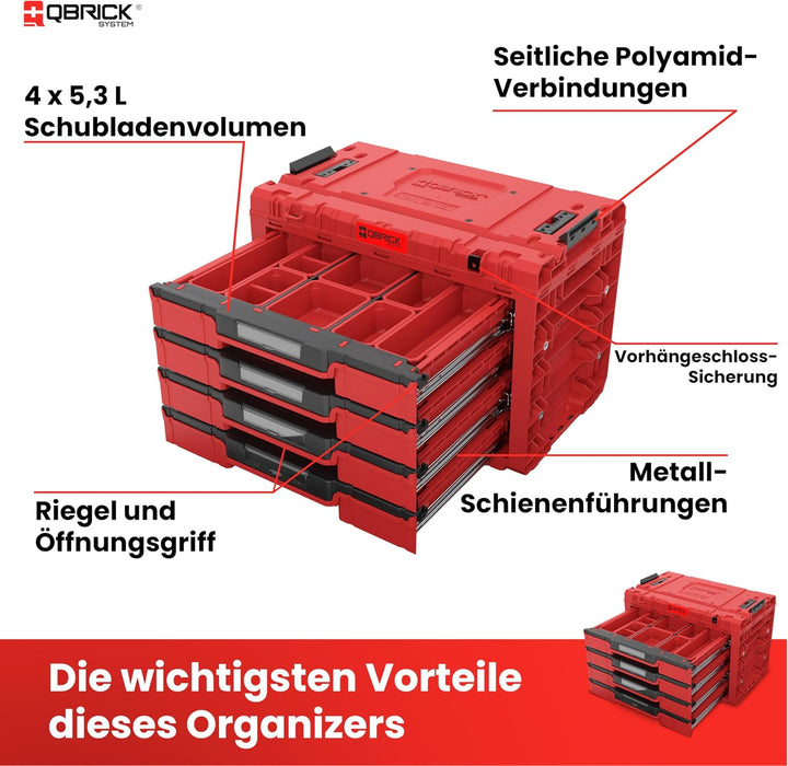 Qbrick System Werkzeugkoffer Sortierbox Leer - 4 Schubladen - Werkzeugkiste - 542 x 335 x 369 mm Rot