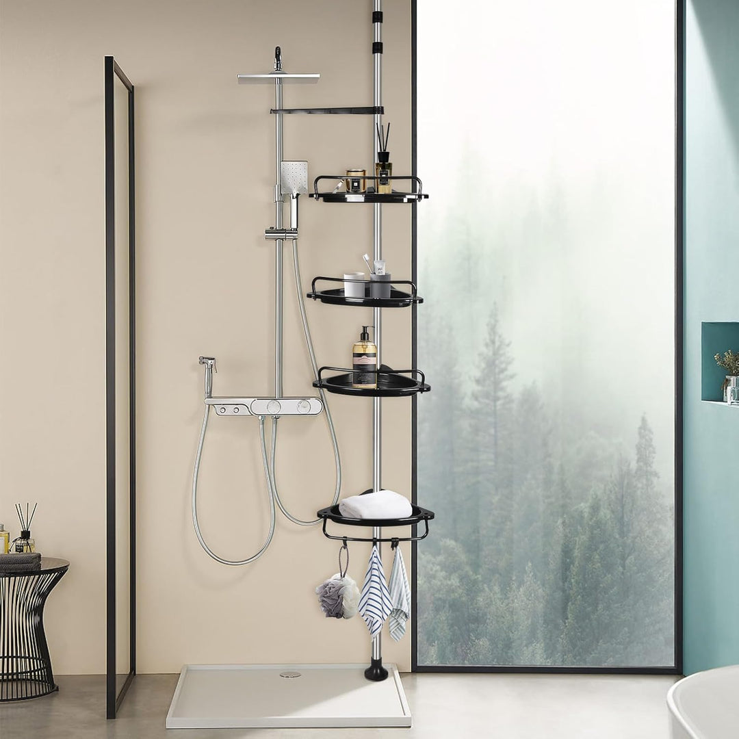 Duschregal Teleskop 105–310 cm, Duschablage ohne Bohren mit 4 Ablagen, Höhenverstellbares Badregal a