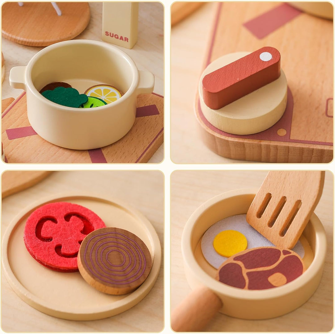 Topfset und Geschirr für Spielküche, Kinderküche Zubehör aus Holz, Küchenutensilien Pfanne Holzspiel